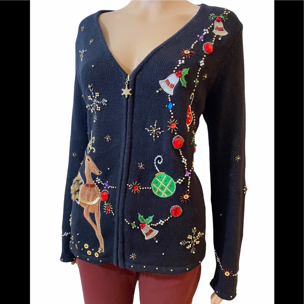 C.B. collections zip up blinged reindeer sweater size medium